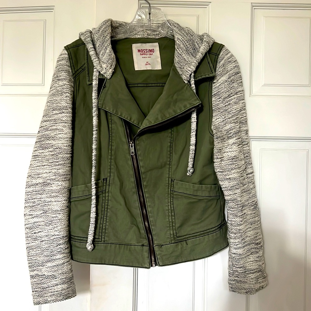 Mossimo Supply Co Army Green Utility Jacket with knit sleeves and hood